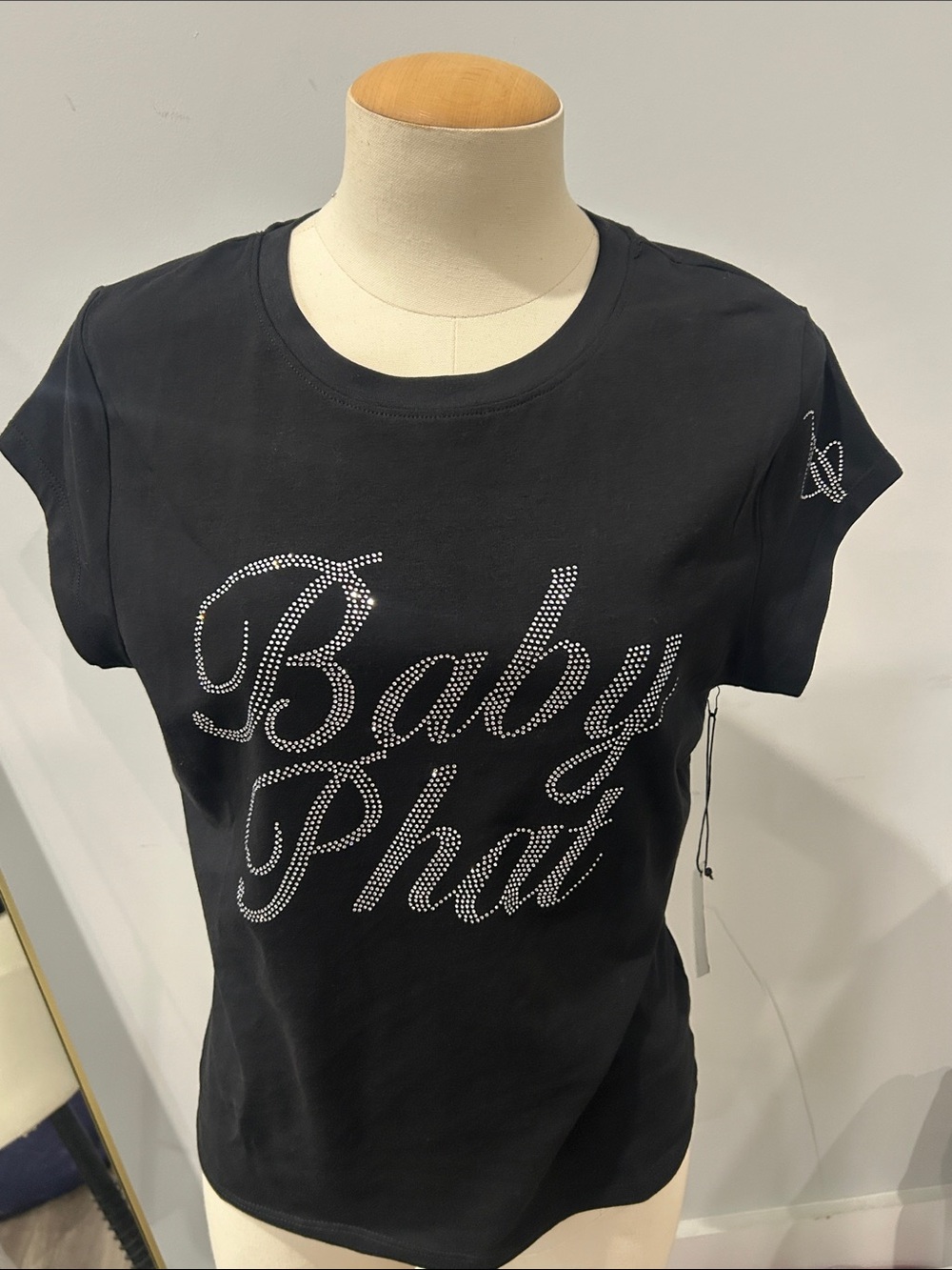 Baby Phat Black Tee with Silver Rhinestone Script Logo